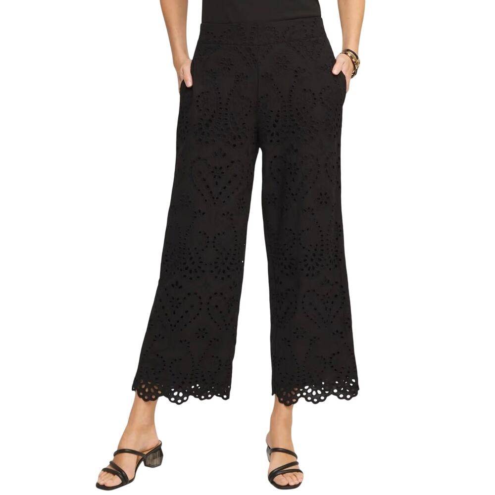 Chico's Black Cotton Eyelet Wide Leg Crop Pants Pull On Size 0 US 4 NWT Lined